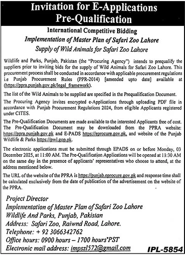 Wildlife & Parks Punjab Lahore Tender Notice